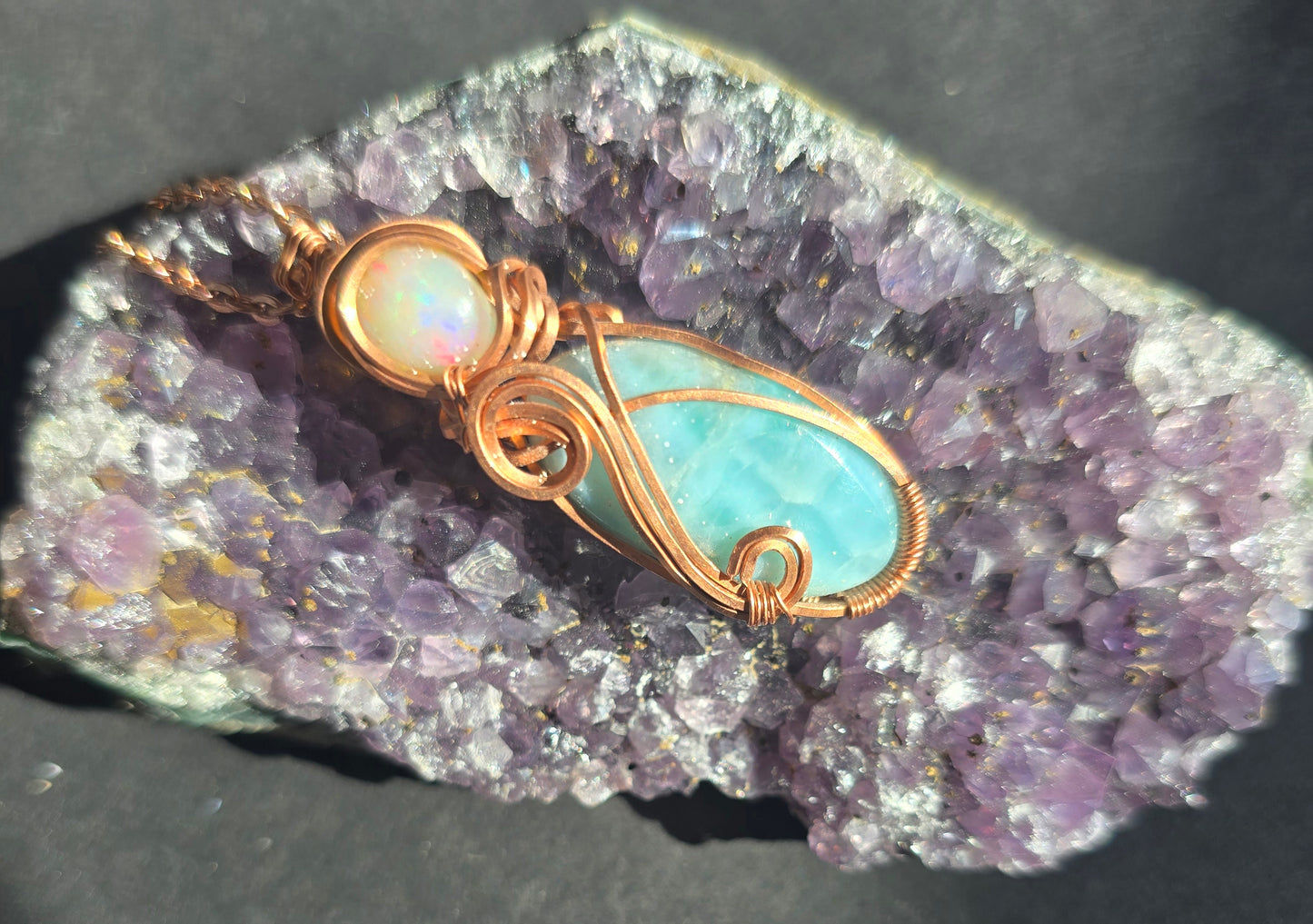 "Celestial Waters" Larimar & Opal Copper-Wrapped Pendant
