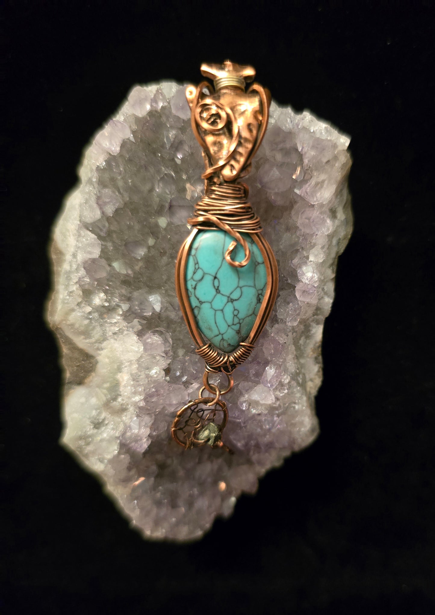 "Desert Dreams" – Turquoise Wire-Wrapped Pendant with Dreamcatcher Charm