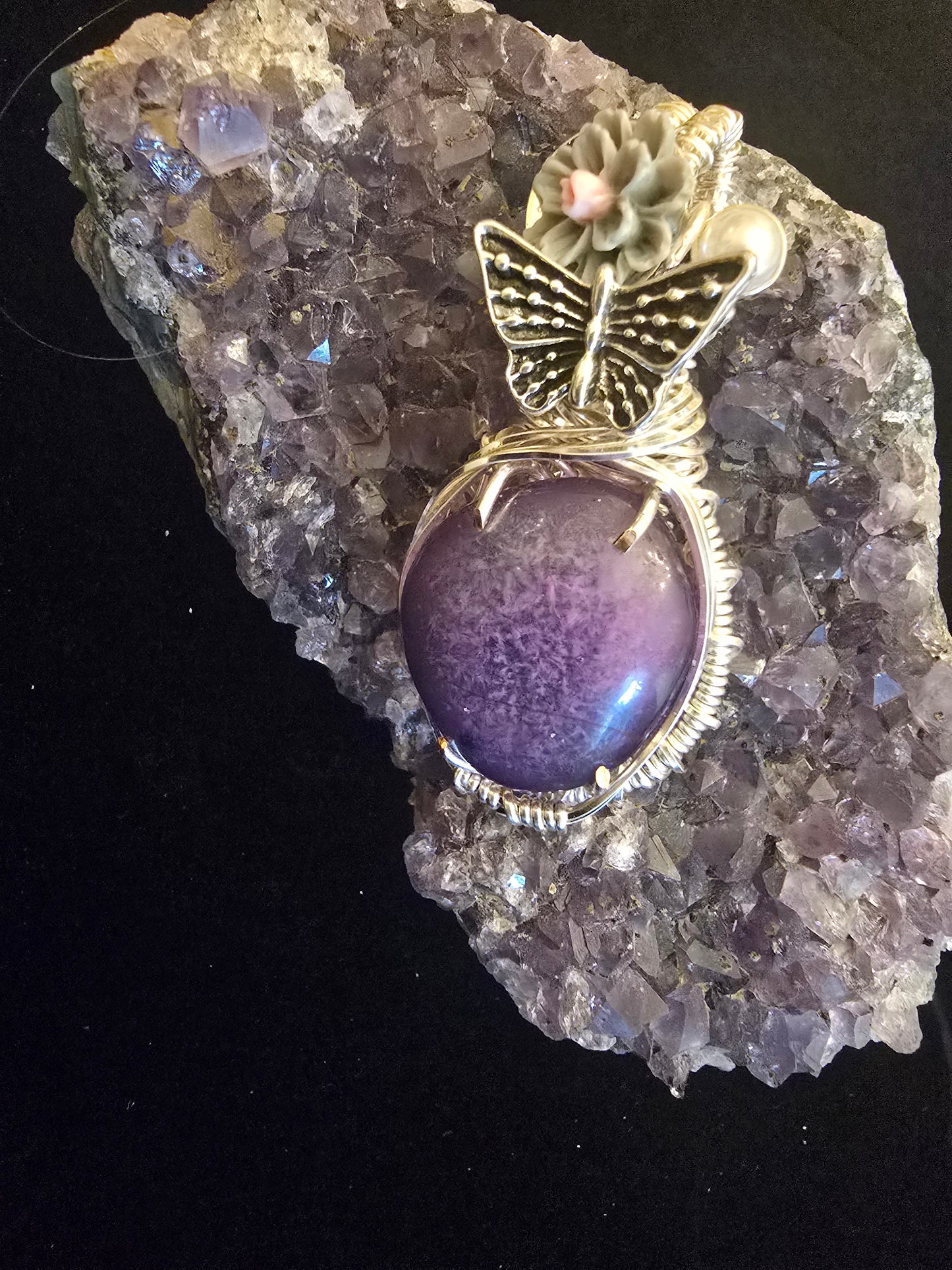 "Garden Spirit” Pendant – Purple Stone with Butterfly & Blossom