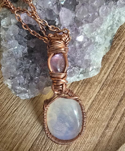 💫 Opalite & Amethyst Copper Wire Pendant – “Mystic Glow” Collection