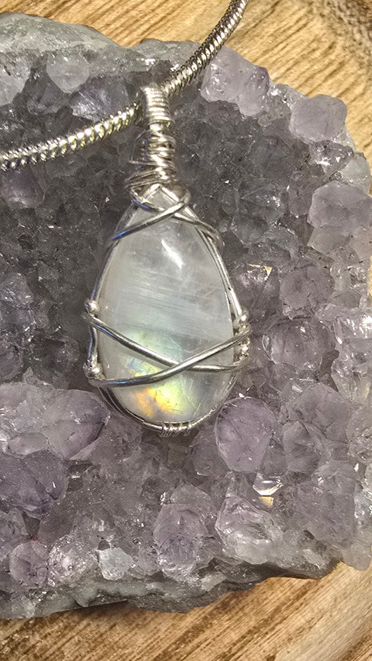 Hand-Wrapped Rainbow Moonstone Pendant – Lunar Glow Collection