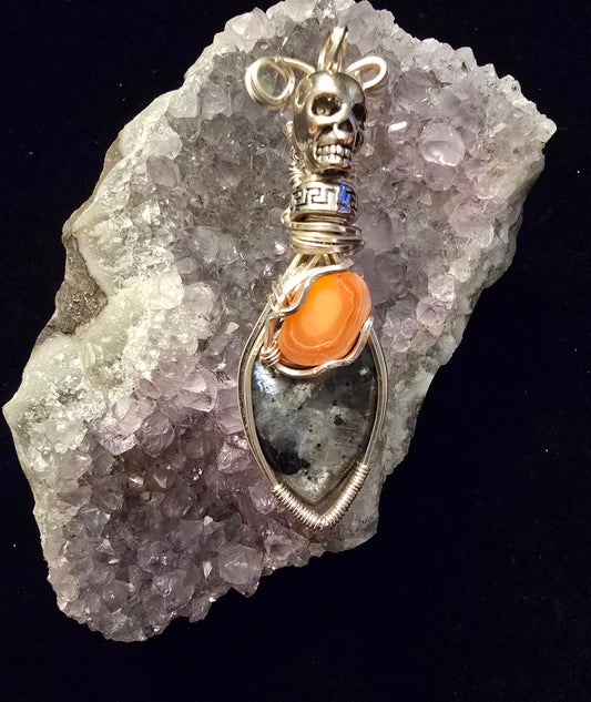 🔥 “Warrior Spirit” Pendant – Fire Opal, Jasper & Skull in Silver Wire