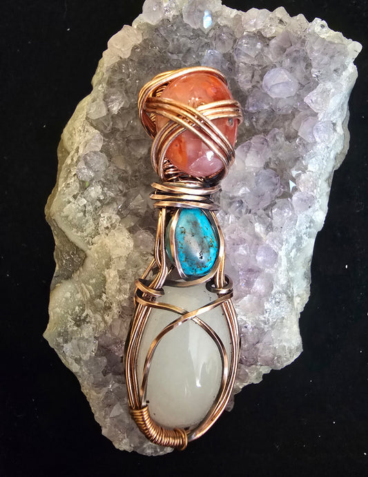 🔥🌊✨ "Elemental Trinity" Pendant – Carnelian, Turquoise & White Agate in Copper Wrap