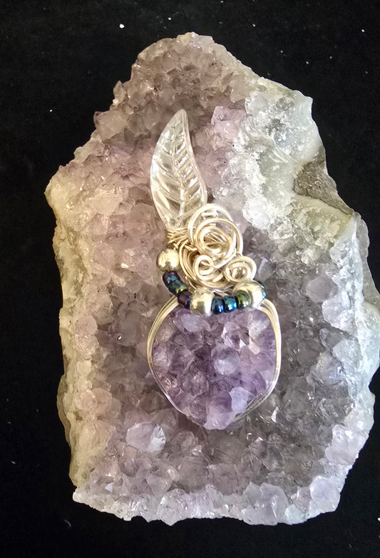 🍃 Crystal Leaf & Amethyst Cluster Pendant – “Forest Spirit” Collection
