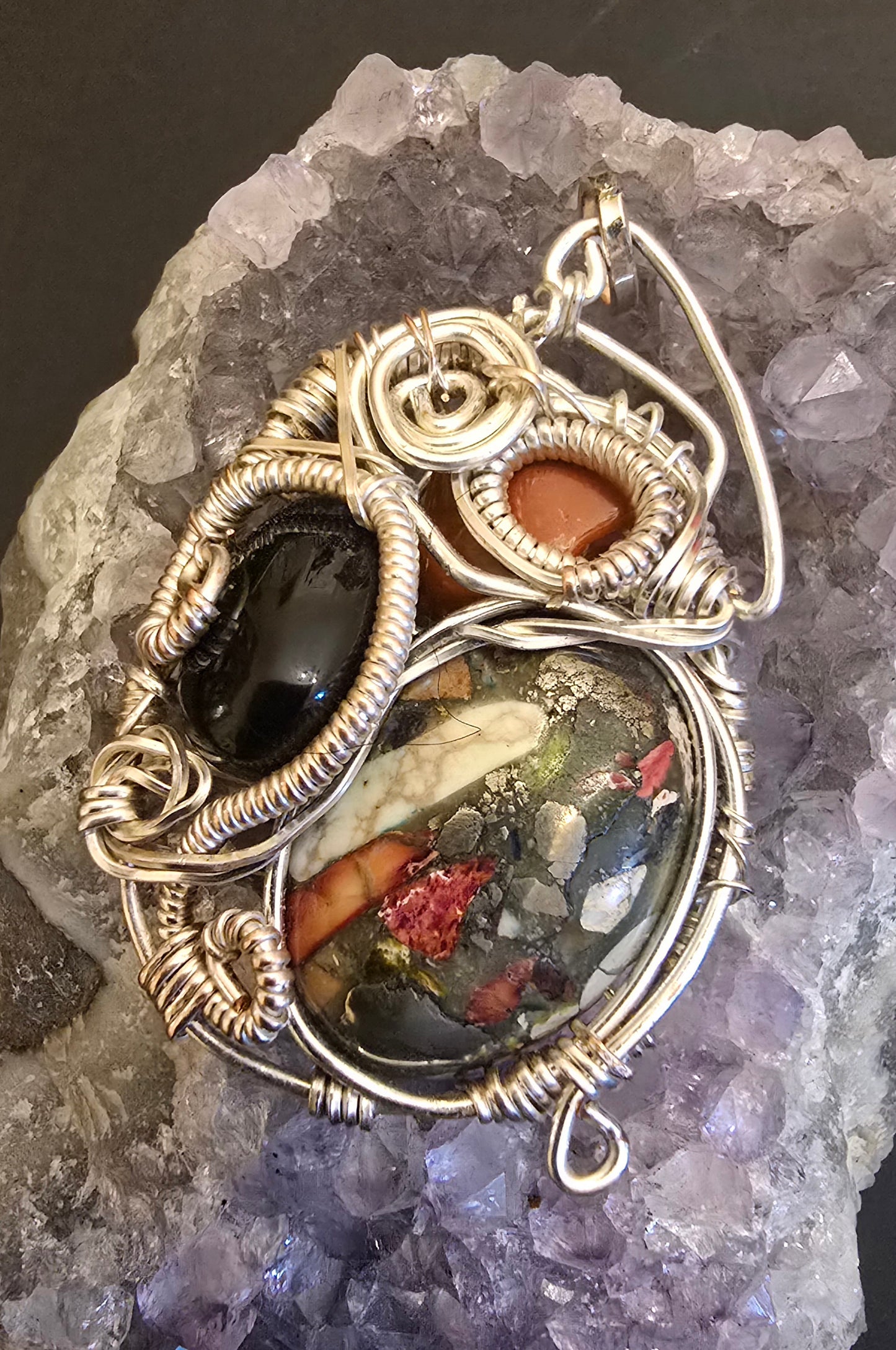 "Earthen Alchemy" – Bumblebee Jasper, Onyx & Red Jasper Pendant in Silver Wire